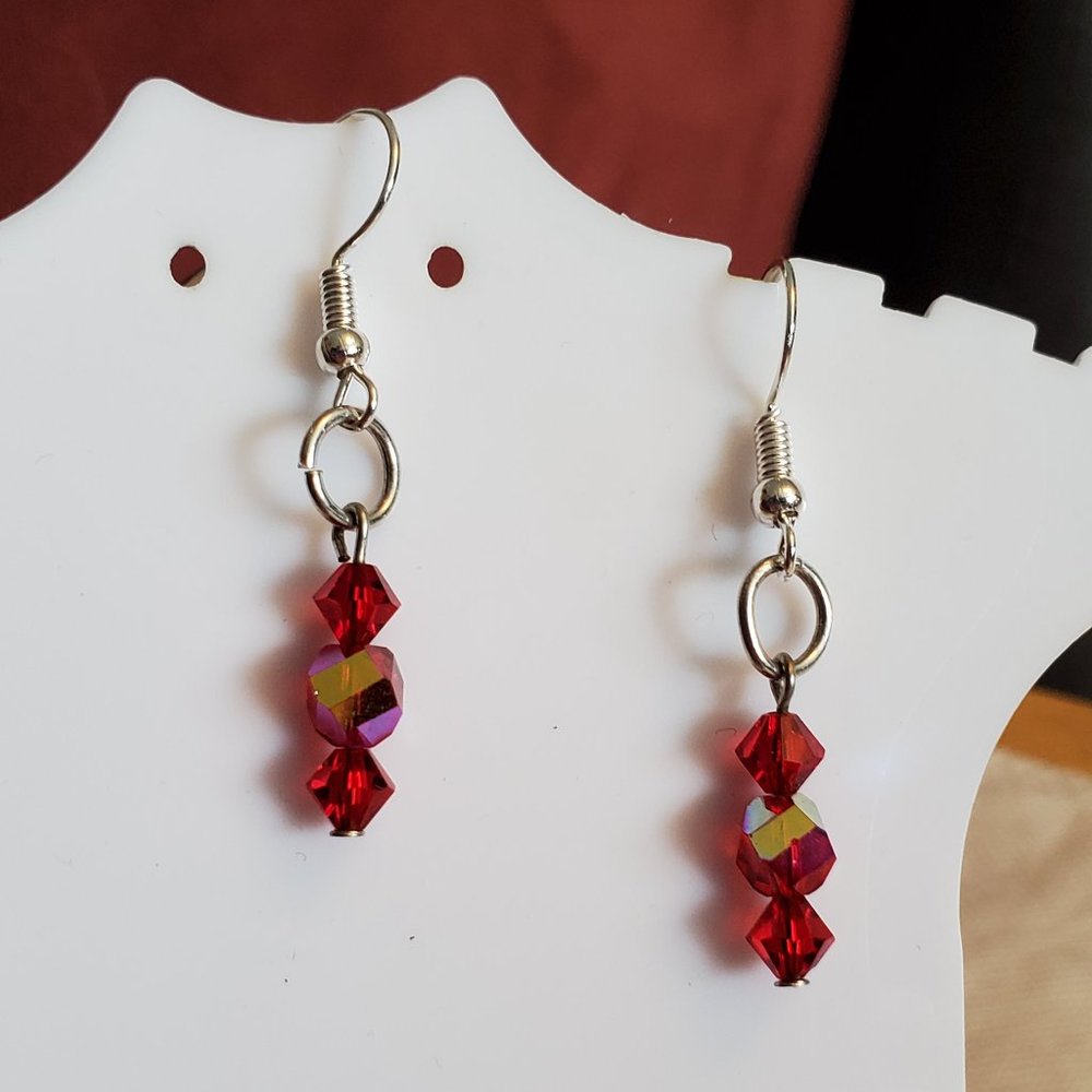 Silver Tone Hook Red Glass Beads Dangle Earrings